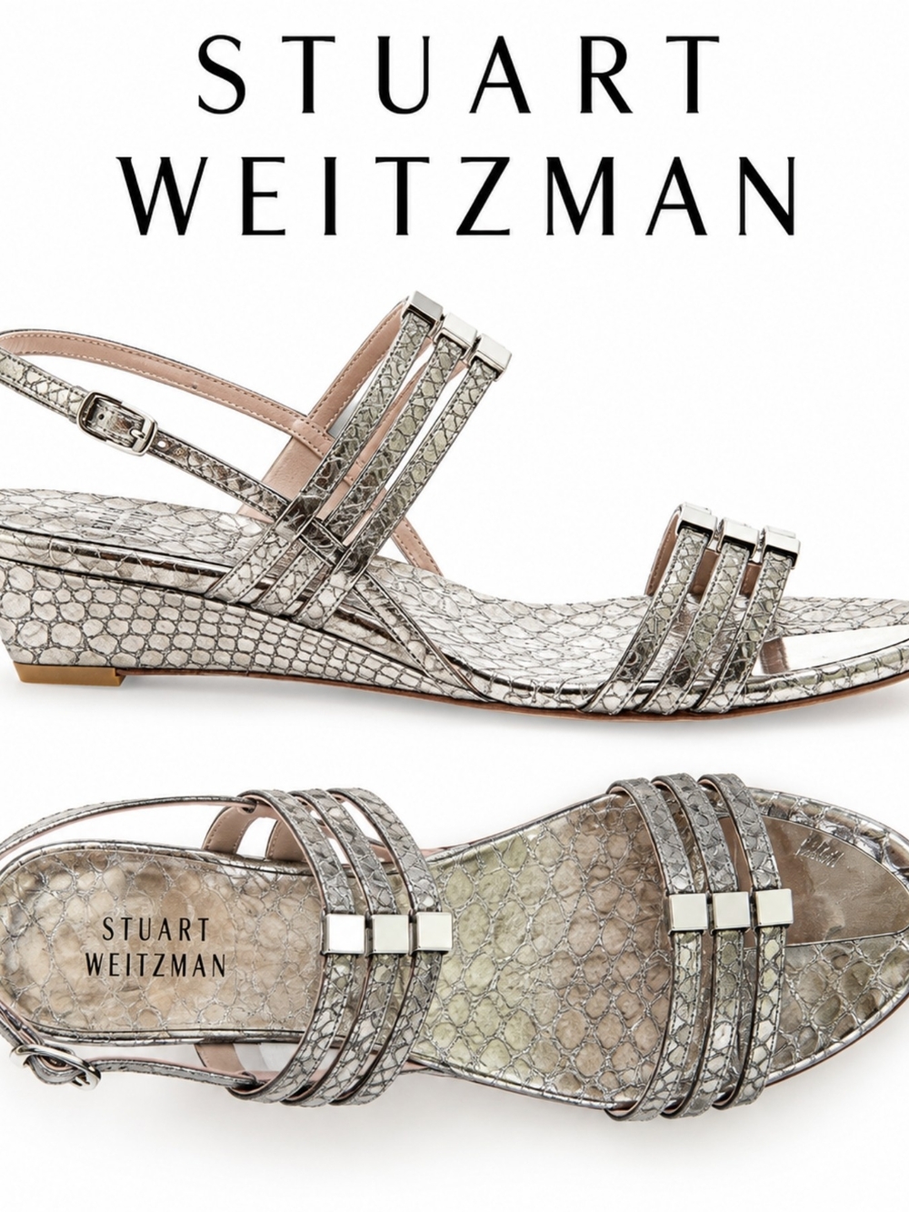 EUC Stuart Weitzman Genuine Leather Silver Strappy Low Wedge Sandals, Size 8M